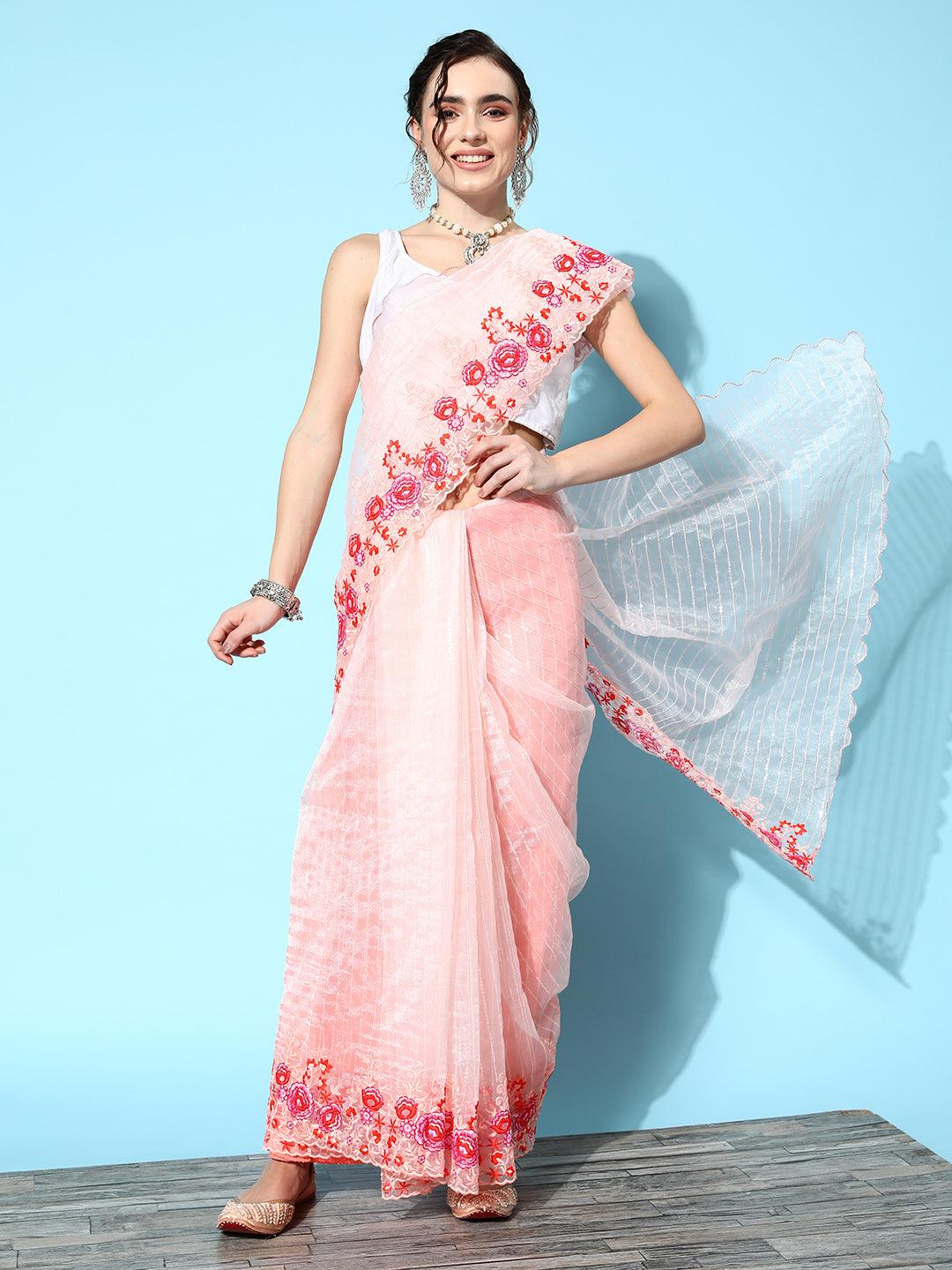 Women's Organza Peach Embellished Saree With Blouse Piece - Ishin - Indiakreations