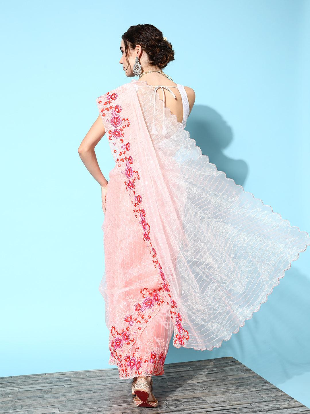 Women's Organza Peach Embellished Saree With Blouse Piece - Ishin - Indiakreations