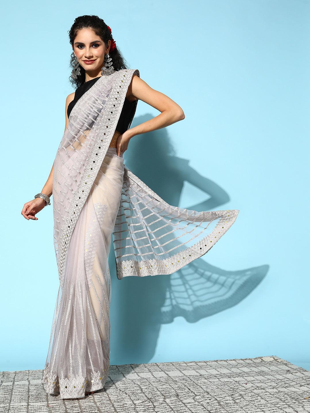 Women's Net Taupe Embroidered Saree With Blouse Piece - Ishin - Indiakreations