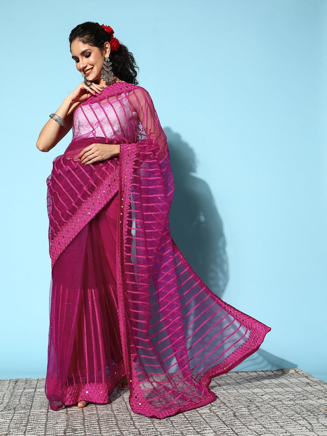 Women's Net Pink Embroidered Saree With Blouse Piece - Ishin - Indiakreations