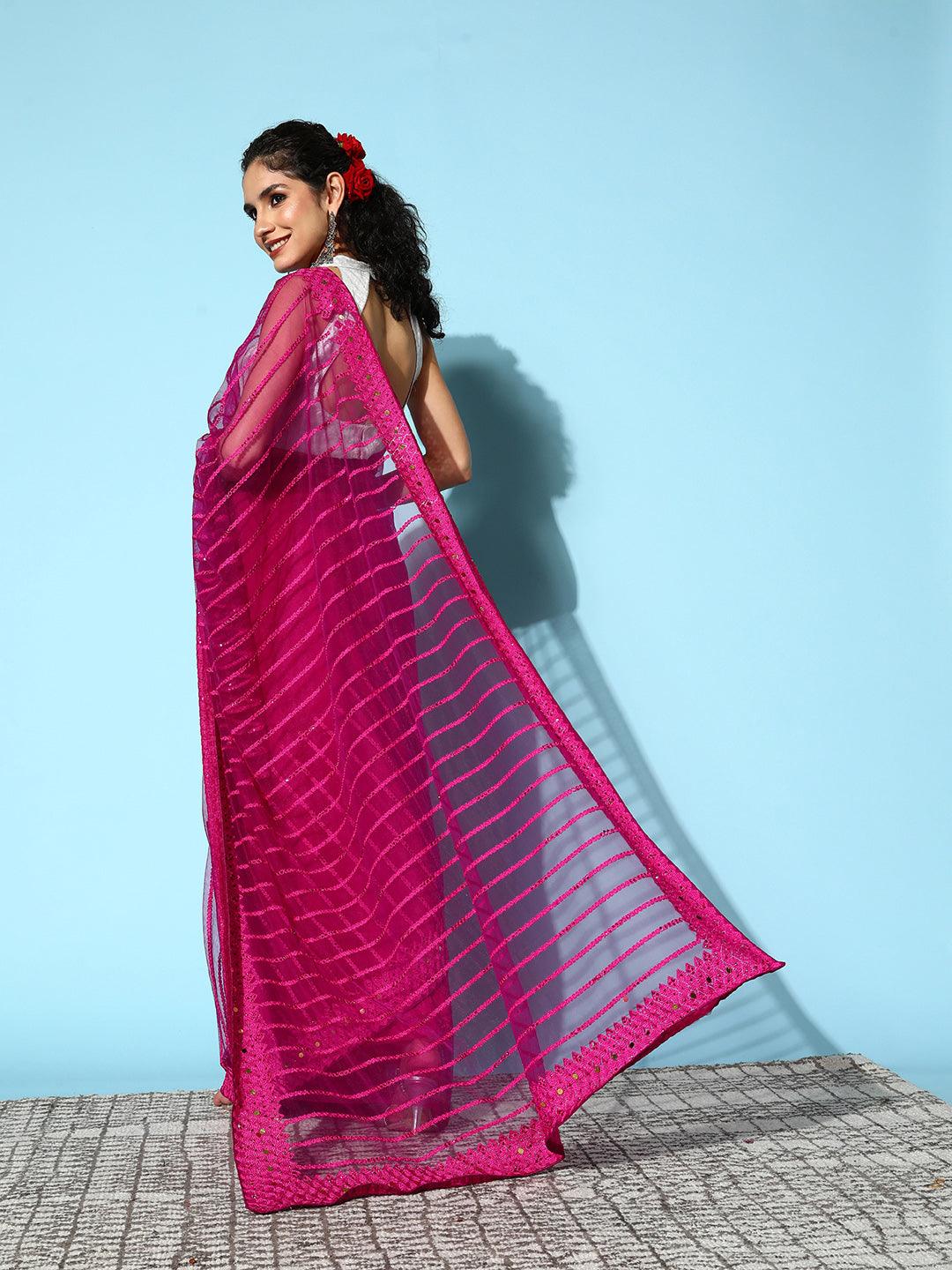 Women's Net Pink Embroidered Saree With Blouse Piece - Ishin - Indiakreations