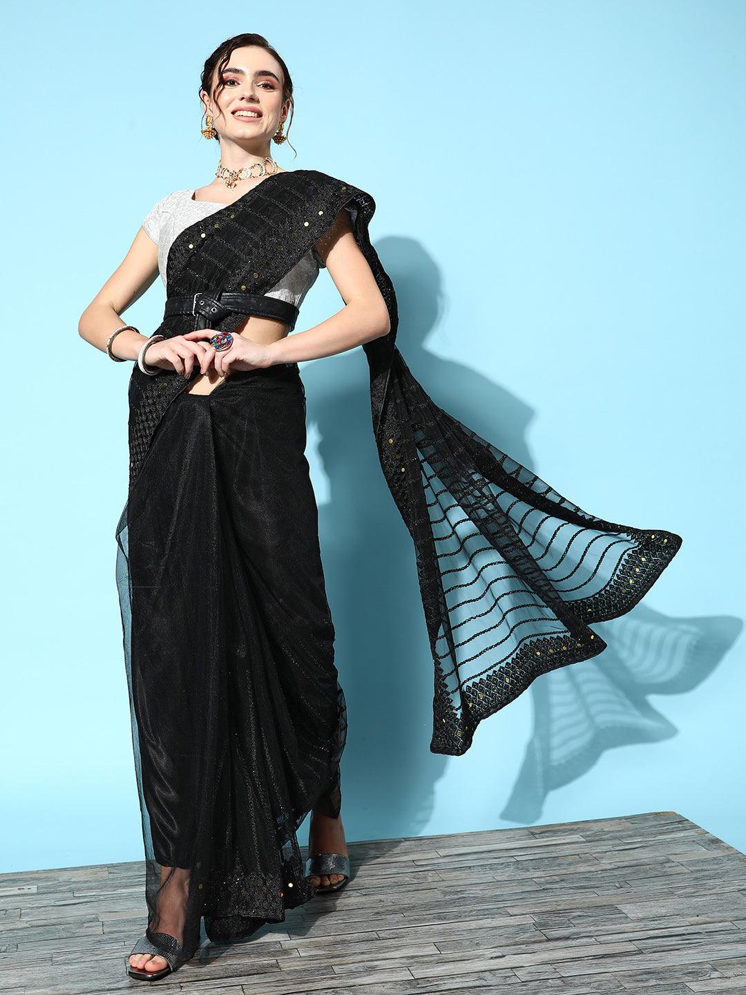 Women's Net Black Embroidered Saree With Blouse Piece - Ishin - Indiakreations