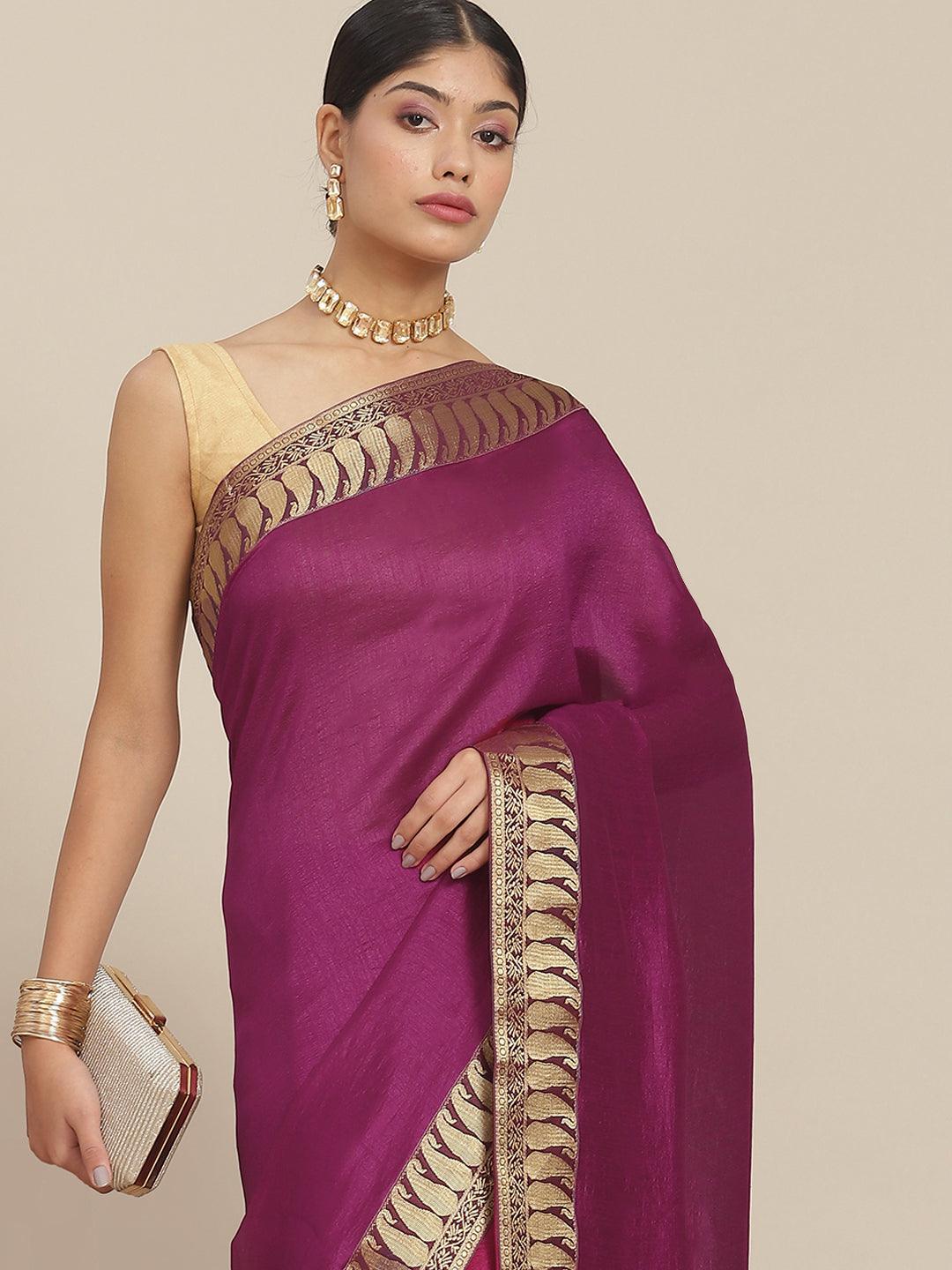 Women's Silk Blend Purple Solid Saree With Blouse Piece - Ishin - Indiakreations