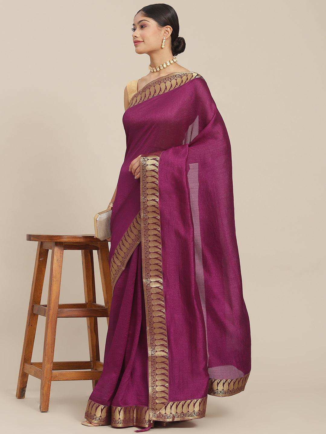 Women's Silk Blend Purple Solid Saree With Blouse Piece - Ishin - Indiakreations