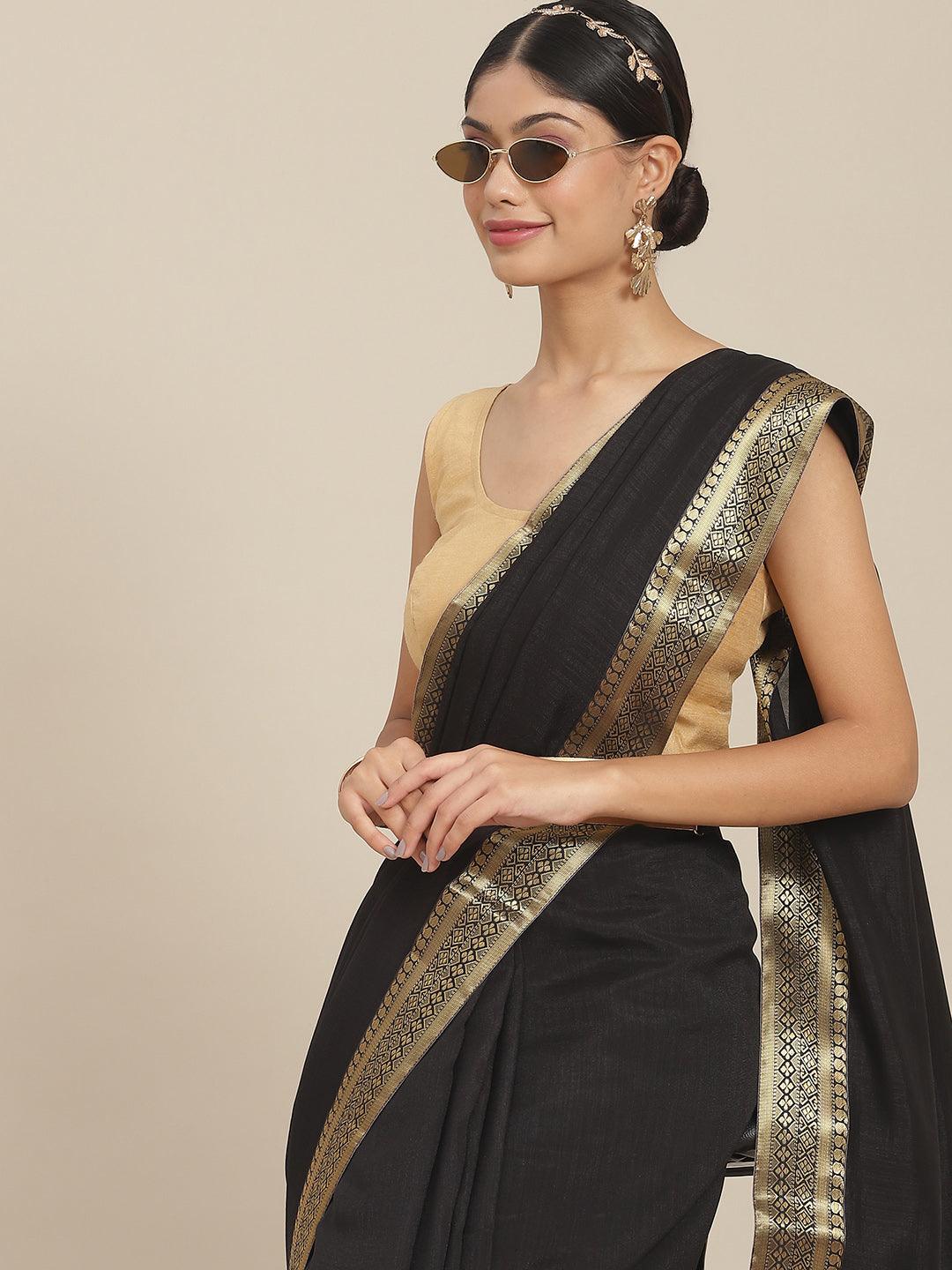 Women's Silk Blend Black Solid Saree With Blouse Piece - Ishin - Indiakreations