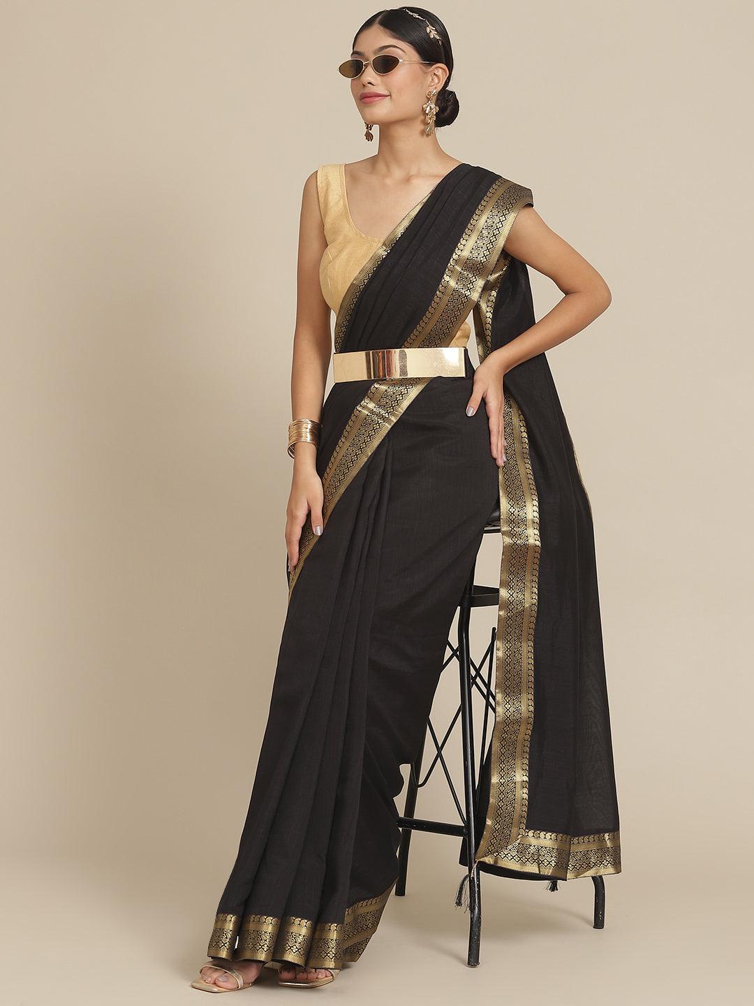 Women's Silk Blend Black Solid Saree With Blouse Piece - Ishin - Indiakreations