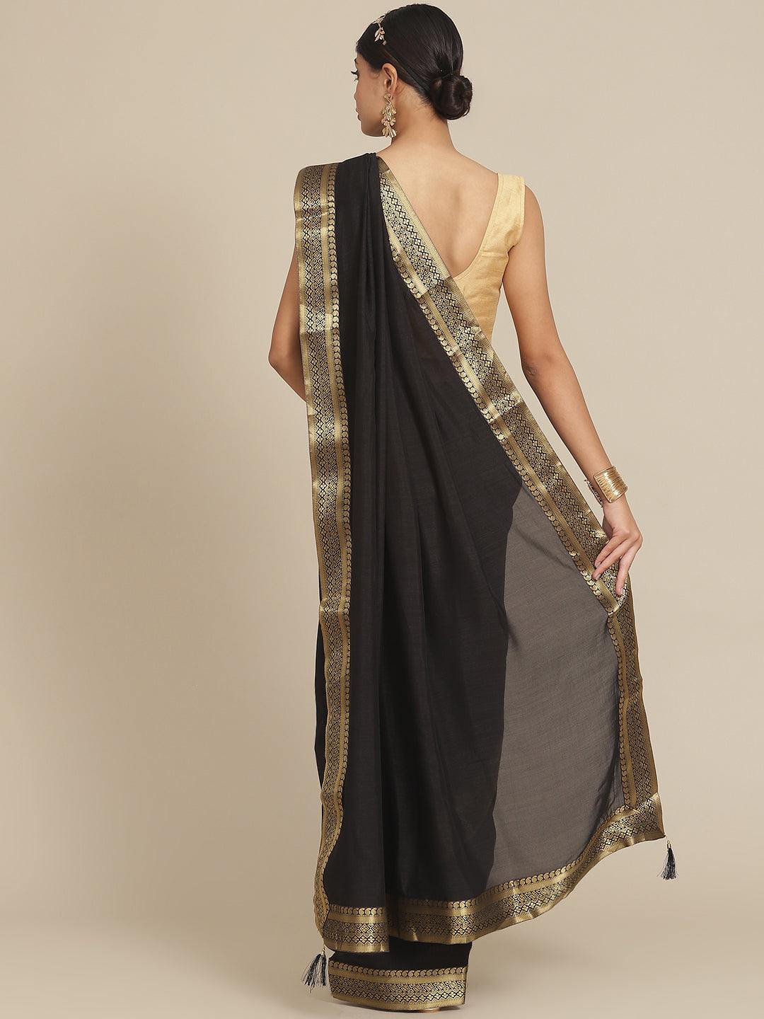 Women's Silk Blend Black Solid Saree With Blouse Piece - Ishin - Indiakreations