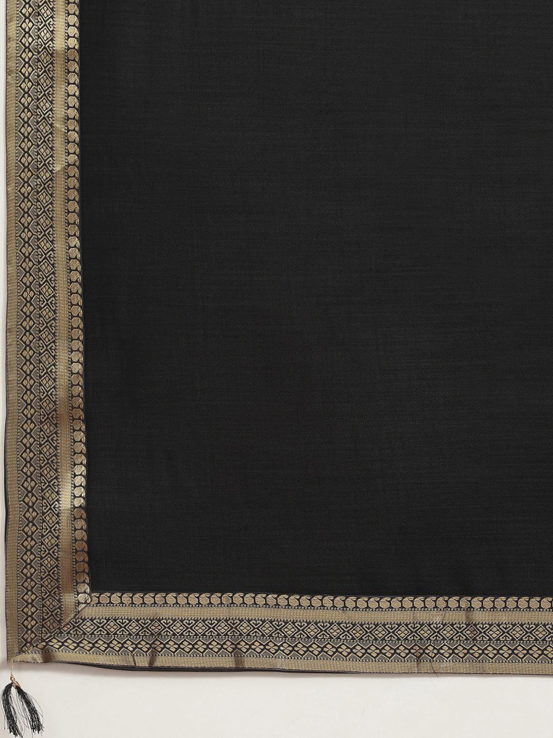 Women's Silk Blend Black Solid Saree With Blouse Piece - Ishin - Indiakreations