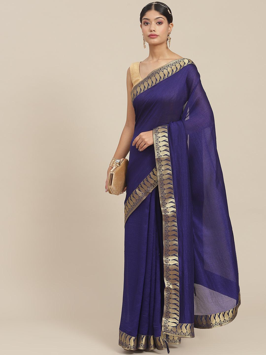 Women's Silk Blend Blue Solid Saree With Blouse Piece - Ishin - Indiakreations