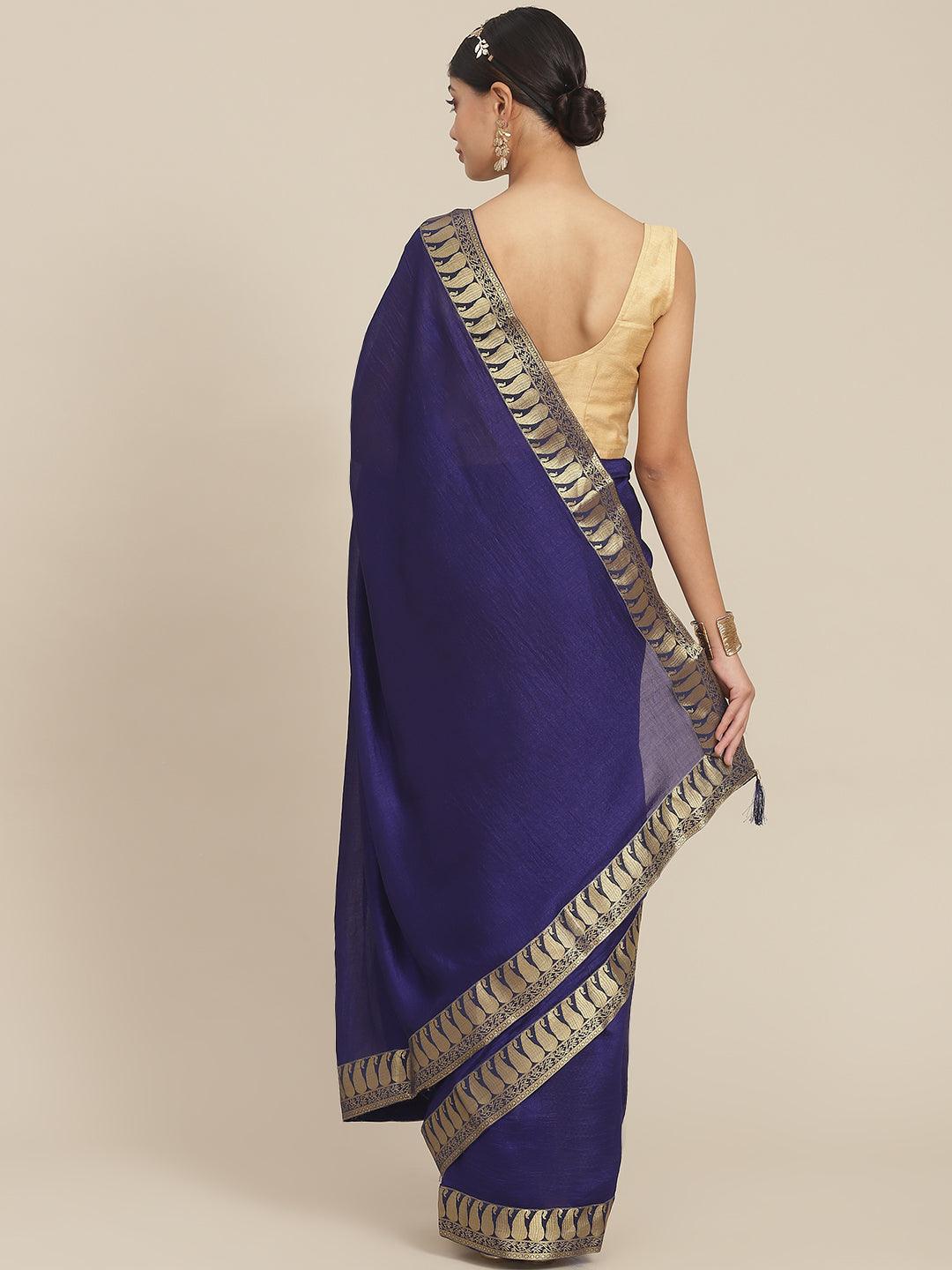 Women's Silk Blend Blue Solid Saree With Blouse Piece - Ishin - Indiakreations