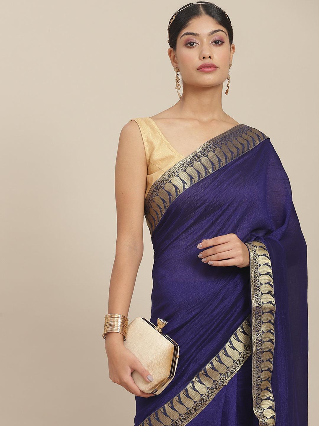 Women's Silk Blend Blue Solid Saree With Blouse Piece - Ishin - Indiakreations