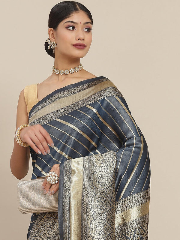 Women's Silk Blend Teal Blue Woven Design Saree With Blouse Piece - Ishin - Indiakreations