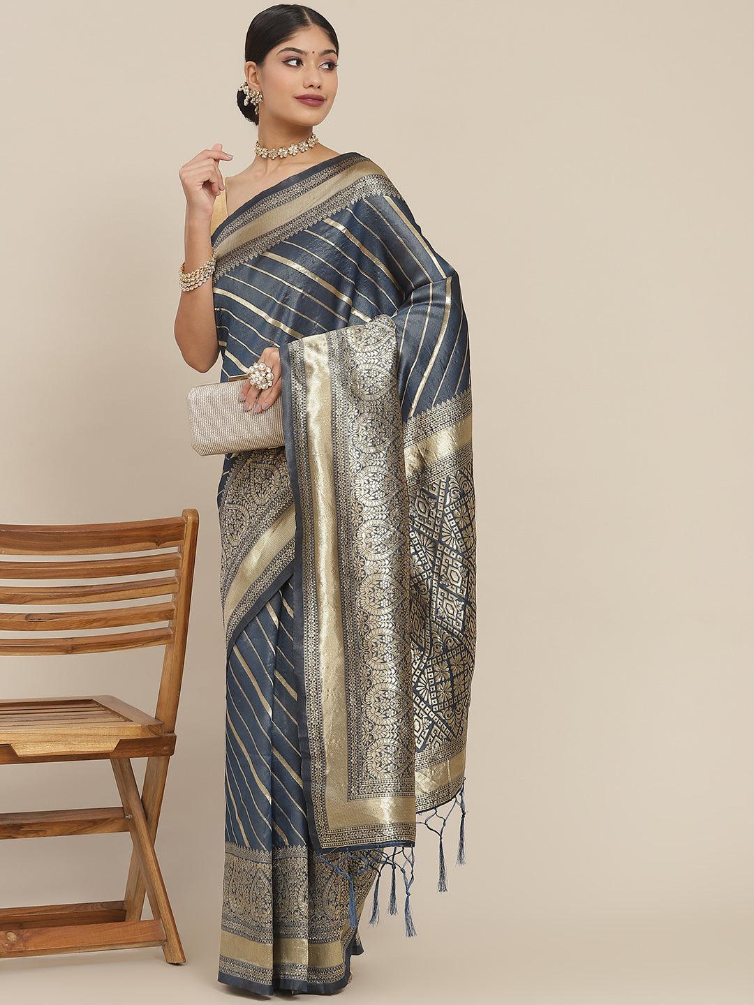 Women's Silk Blend Teal Blue Woven Design Saree With Blouse Piece - Ishin - Indiakreations