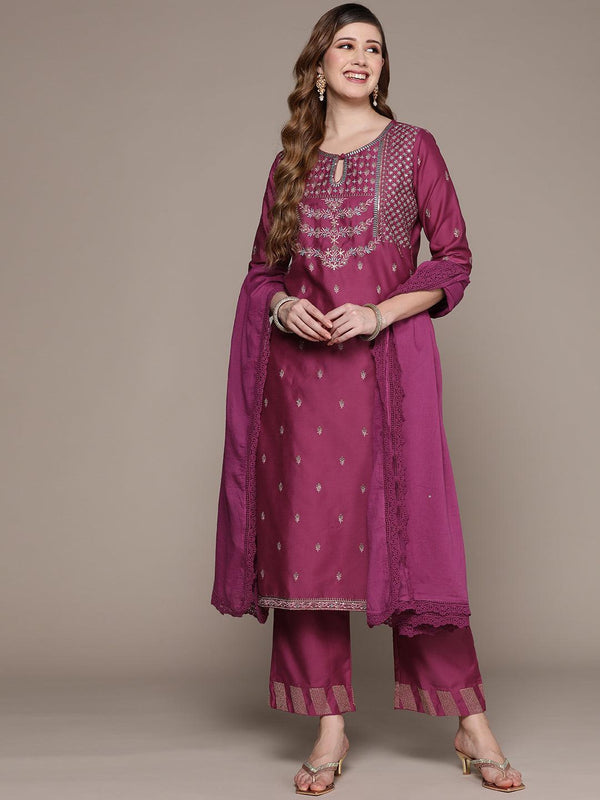 Women's Purple Embroidered A-Line Kurta With Palazzo & Dupatta - Ishin - Indiakreations