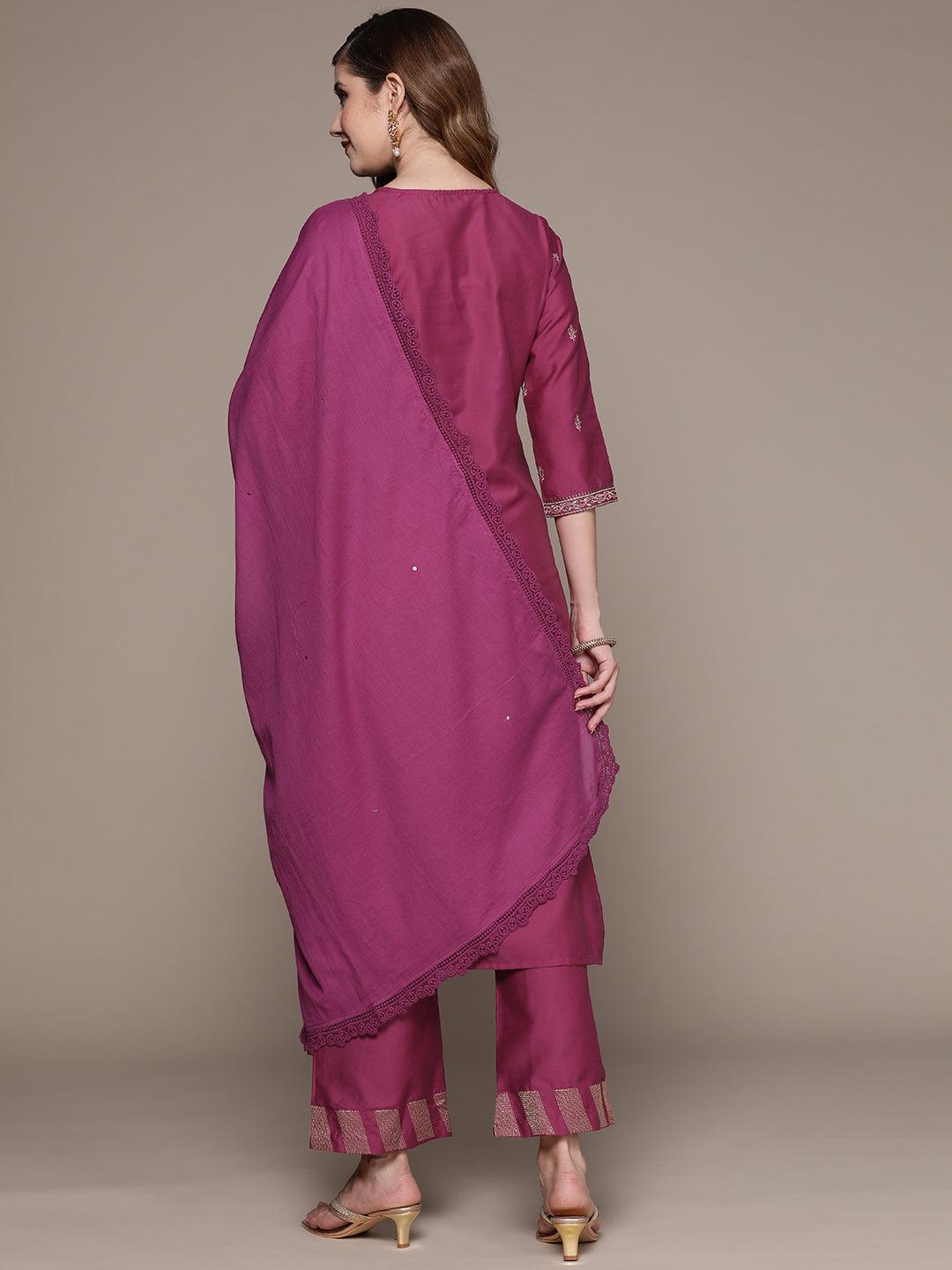 Women's Purple Embroidered A-Line Kurta With Palazzo & Dupatta - Ishin - Indiakreations