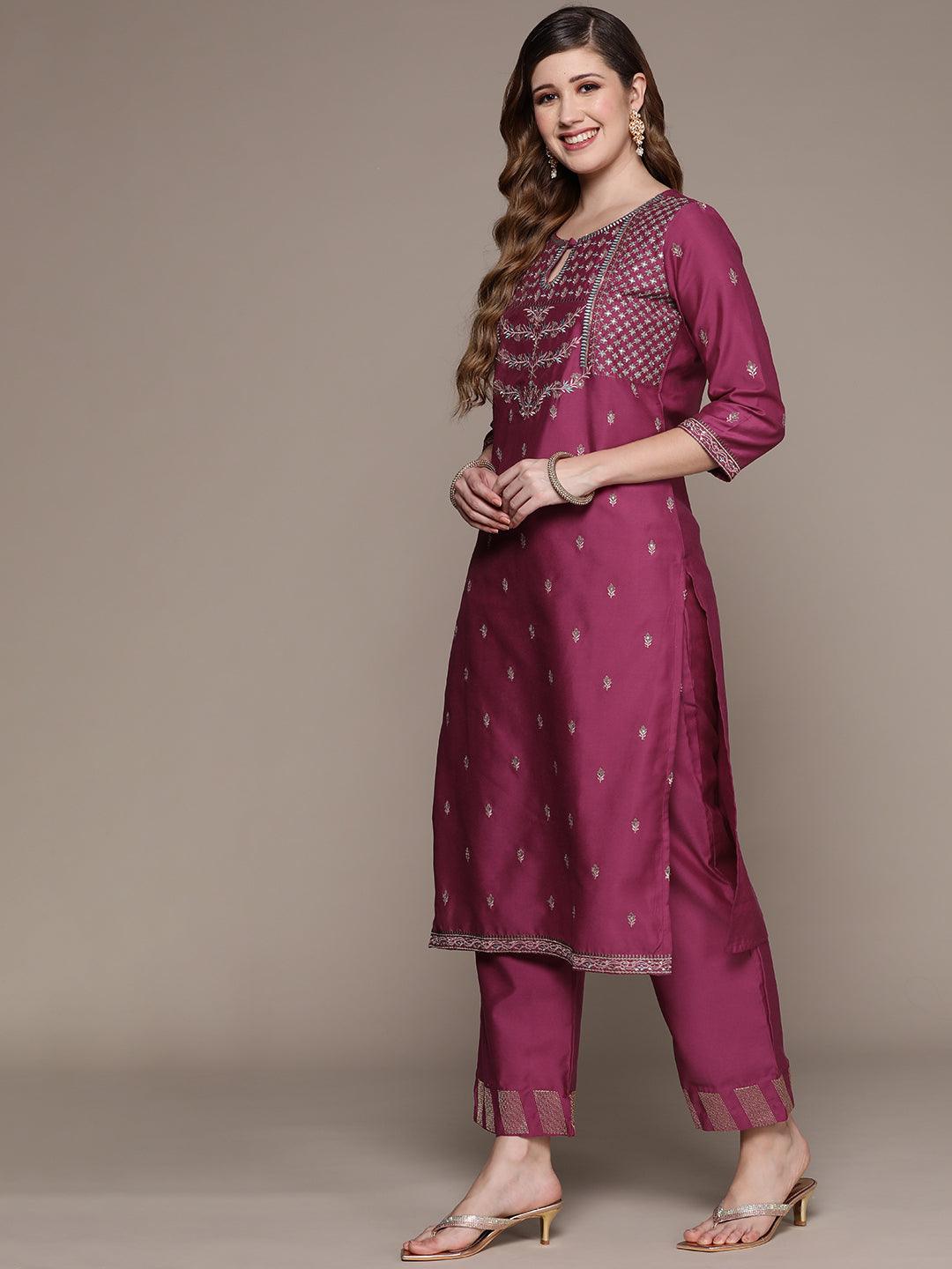 Women's Purple Embroidered A-Line Kurta With Palazzo & Dupatta - Ishin - Indiakreations