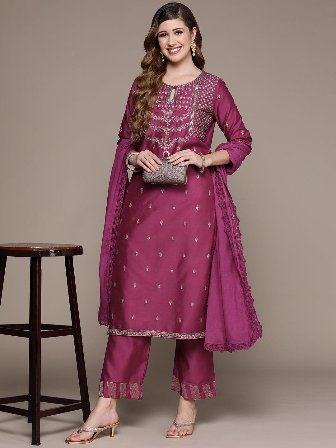 Women's Purple Embroidered A-Line Kurta With Palazzo & Dupatta - Ishin - Indiakreations