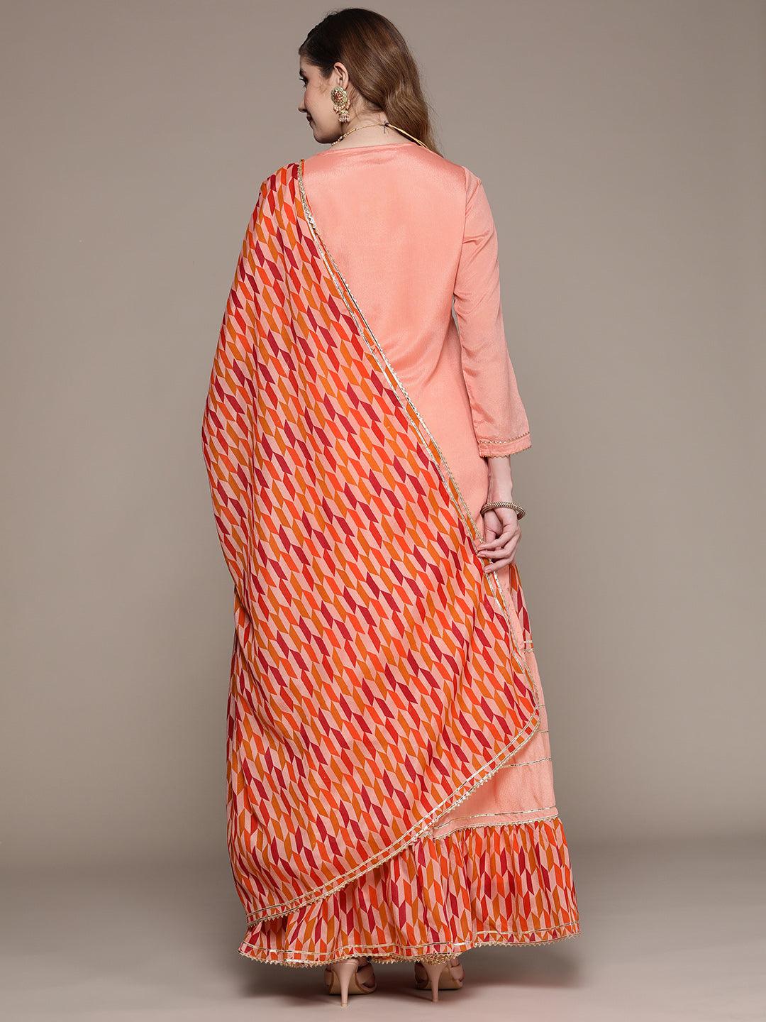 Women's Peach Embroidered Straight Kurta With Skirt & Dupatta - Ishin - Indiakreations