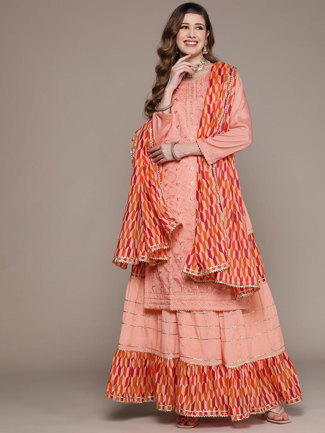 Women's Peach Embroidered Straight Kurta With Skirt & Dupatta - Ishin - Indiakreations