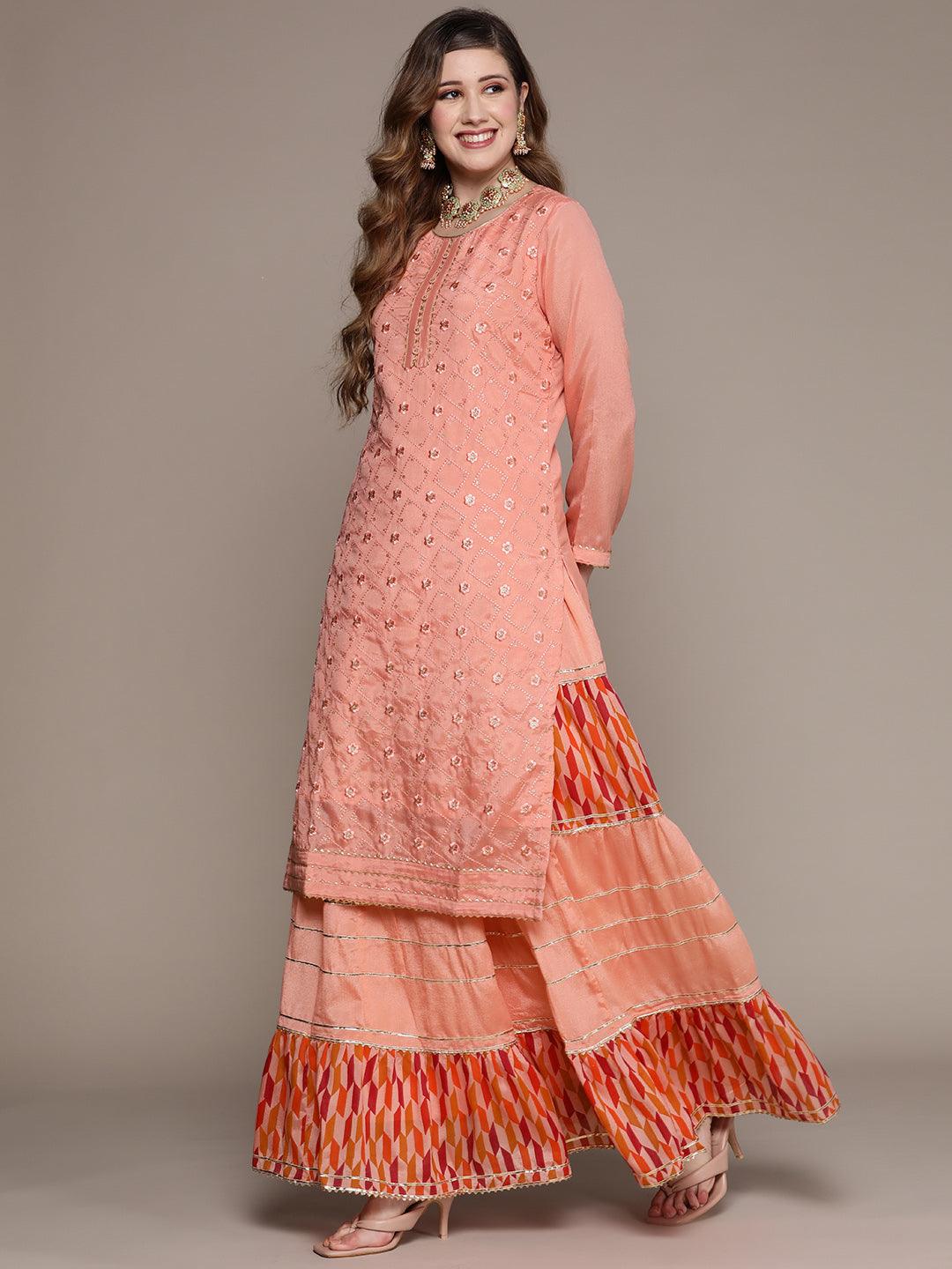 Women's Peach Embroidered Straight Kurta With Skirt & Dupatta - Ishin - Indiakreations