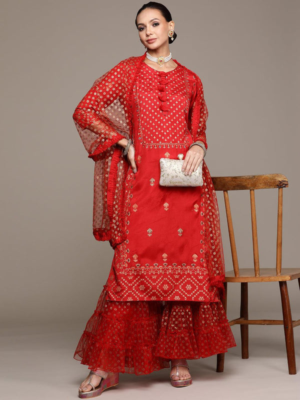 Women's Red Embellished A-Line Kurta With Sharara & Dupatta - Ishin - Indiakreations