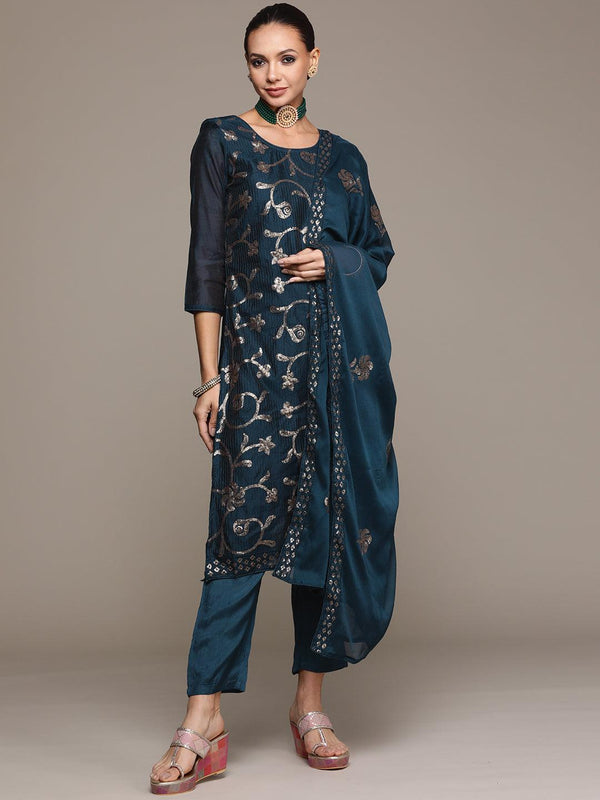 Women's Teal Embellished Straight Kurta With Trouser & Dupatta - Ishin - Indiakreations