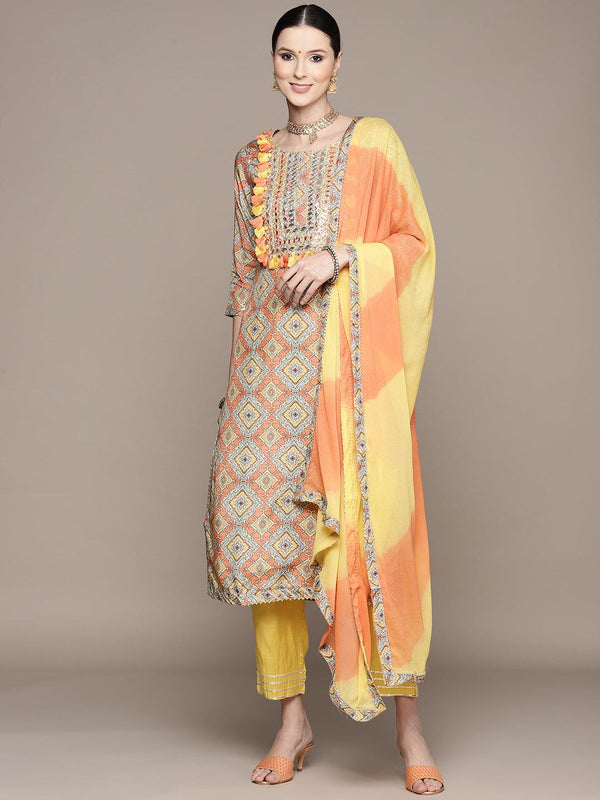 Women's Mustard Yoke Embroidered A-Line Kurta With Trouser & Dupatta - Ishin - Indiakreations