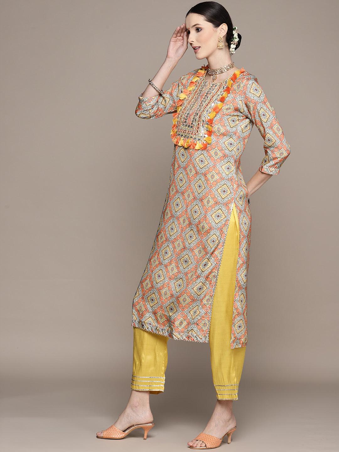 Women's Mustard Yoke Embroidered A-Line Kurta With Trouser & Dupatta - Ishin - Indiakreations