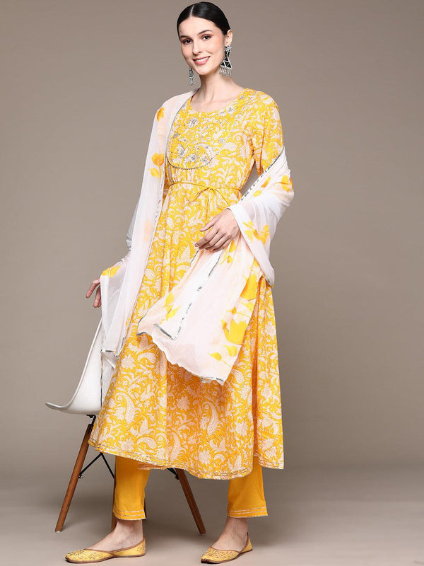 Women's Yellow Embroidered Anarkali Kurta With Trouser & Dupatta - Ishin - Indiakreations