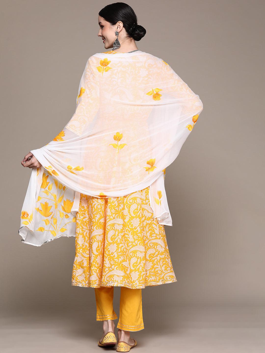 Women's Yellow Embroidered Anarkali Kurta With Trouser & Dupatta - Ishin - Indiakreations