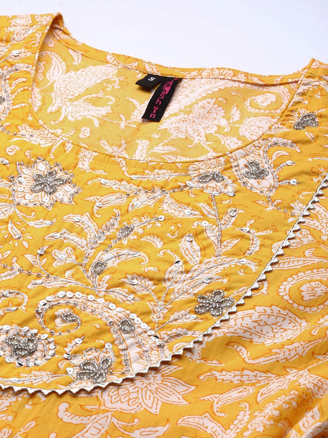 Women's Yellow Embroidered Anarkali Kurta With Trouser & Dupatta - Ishin - Indiakreations