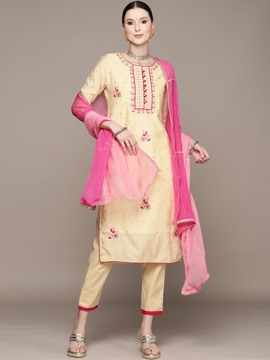 Women's Cream Embroidered A-Line Kurta With Trouser & Dupatta - Ishin - Indiakreations