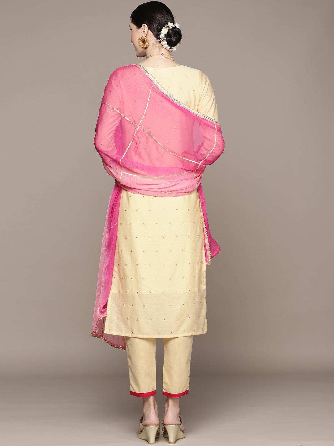 Women's Cream Embroidered A-Line Kurta With Trouser & Dupatta - Ishin - Indiakreations