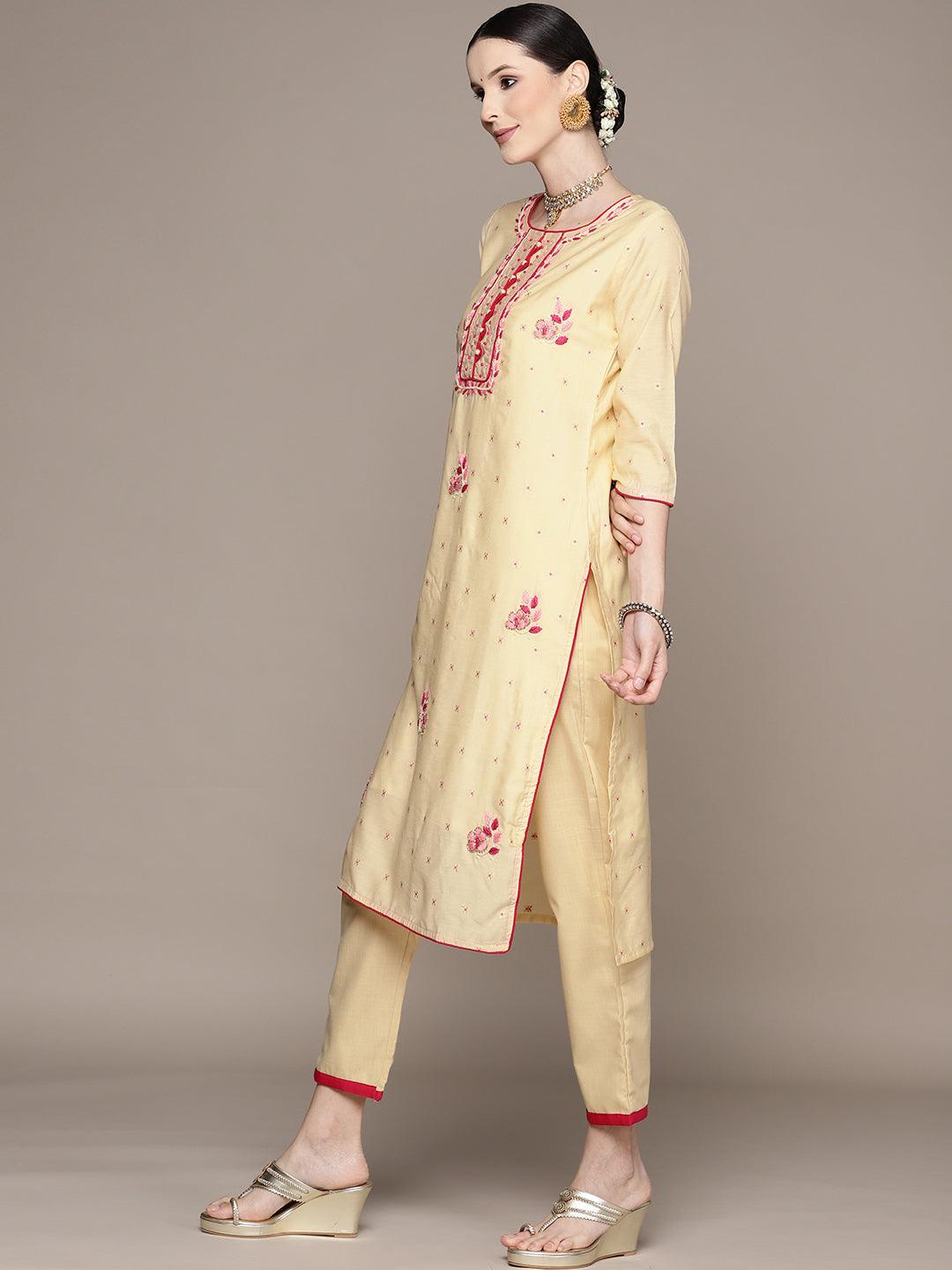 Women's Cream Embroidered A-Line Kurta With Trouser & Dupatta - Ishin - Indiakreations