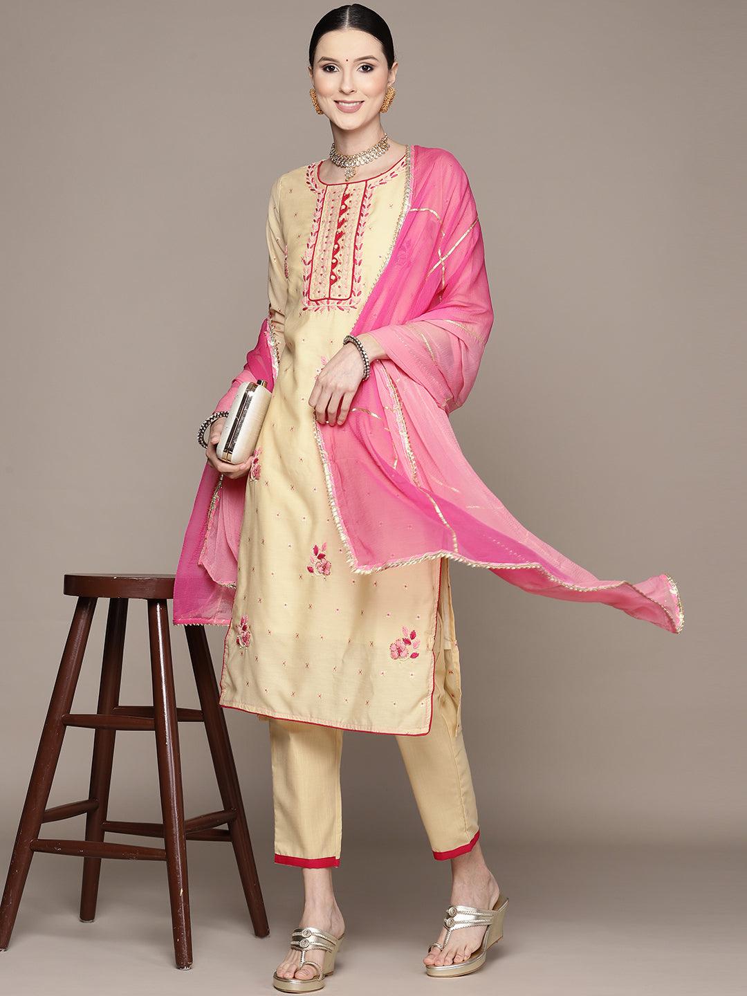 Women's Cream Embroidered A-Line Kurta With Trouser & Dupatta - Ishin - Indiakreations