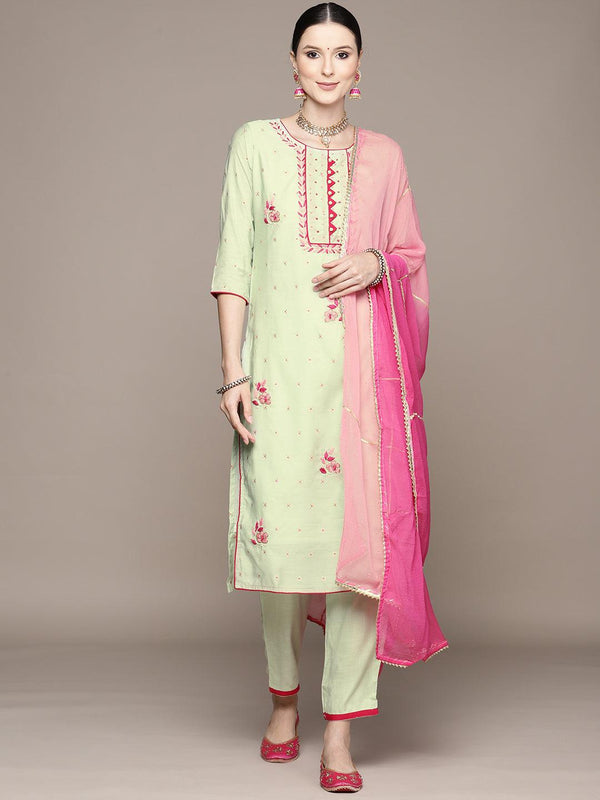 Women's Sea Green Embellished A-Line Kurta With Trouser & Dupatta - Ishin - Indiakreations