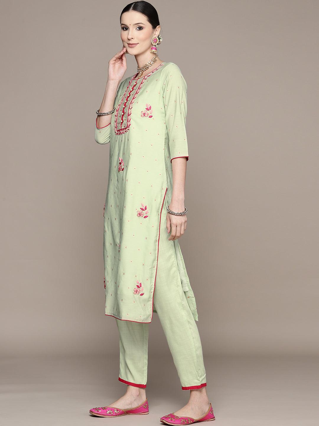 Women's Sea Green Embellished A-Line Kurta With Trouser & Dupatta - Ishin - Indiakreations