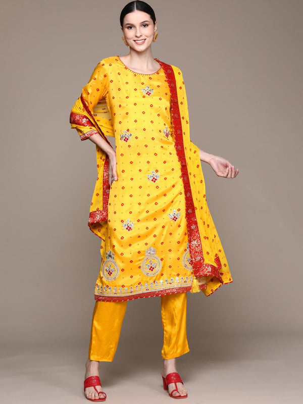 Women's Yellow Embroidered Bandhani A-Line Kurta With Trouser & Dupatta - Ishin - Indiakreations