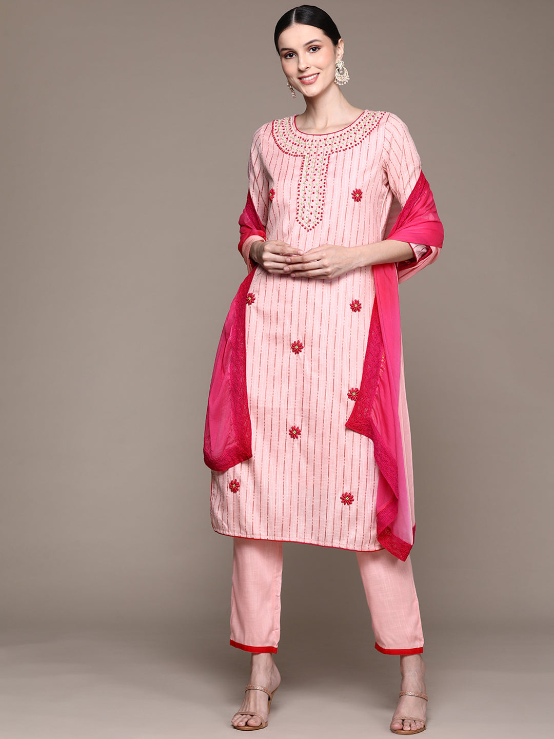 Women's Pink Embroidered Lurex A-Line Kurta With Trouser & Dupatta - Ishin