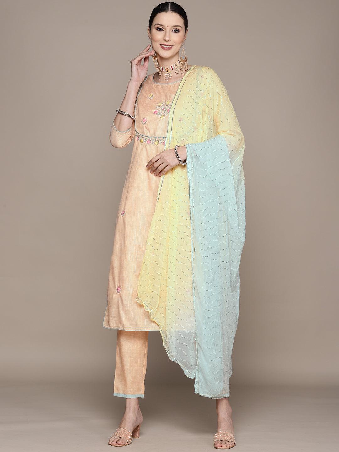 Women's Peach Embellished A-Line Kurta With Trouser & Dupatta - Ishin - Indiakreations