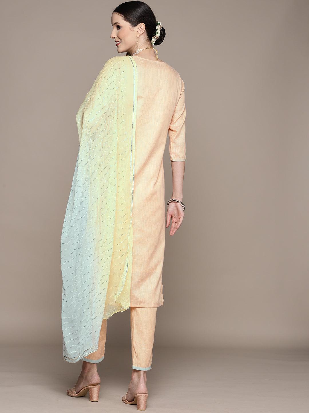 Women's Peach Embellished A-Line Kurta With Trouser & Dupatta - Ishin - Indiakreations