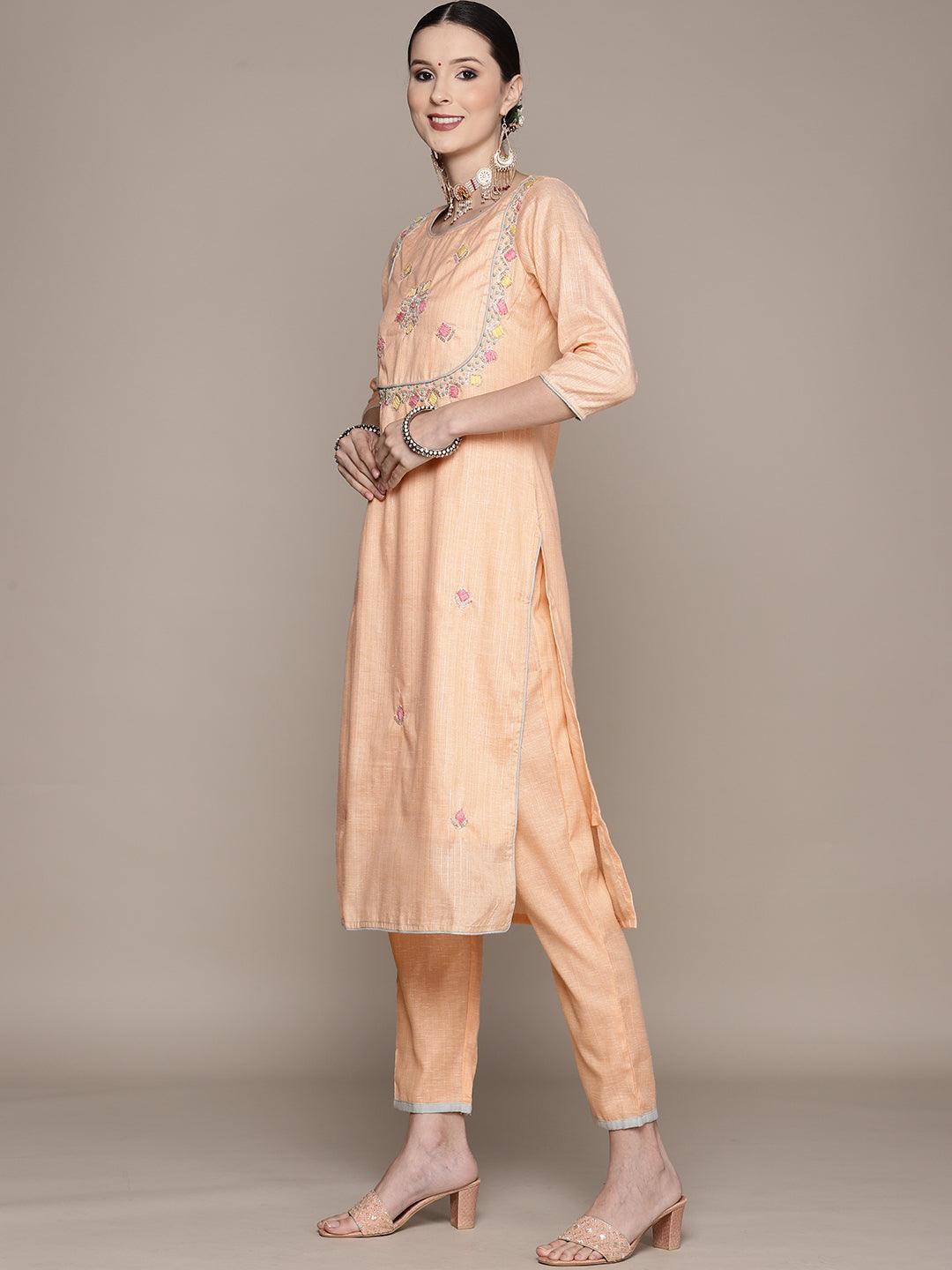 Women's Peach Embellished A-Line Kurta With Trouser & Dupatta - Ishin - Indiakreations