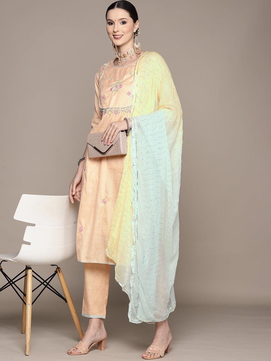 Women's Peach Embellished A-Line Kurta With Trouser & Dupatta - Ishin - Indiakreations