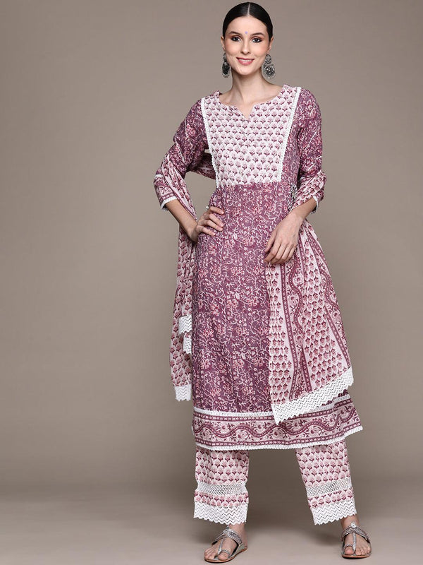 Women's Purple Embellished Anarkali Kurta With Trouser & Dupatta - Ishin - Indiakreations