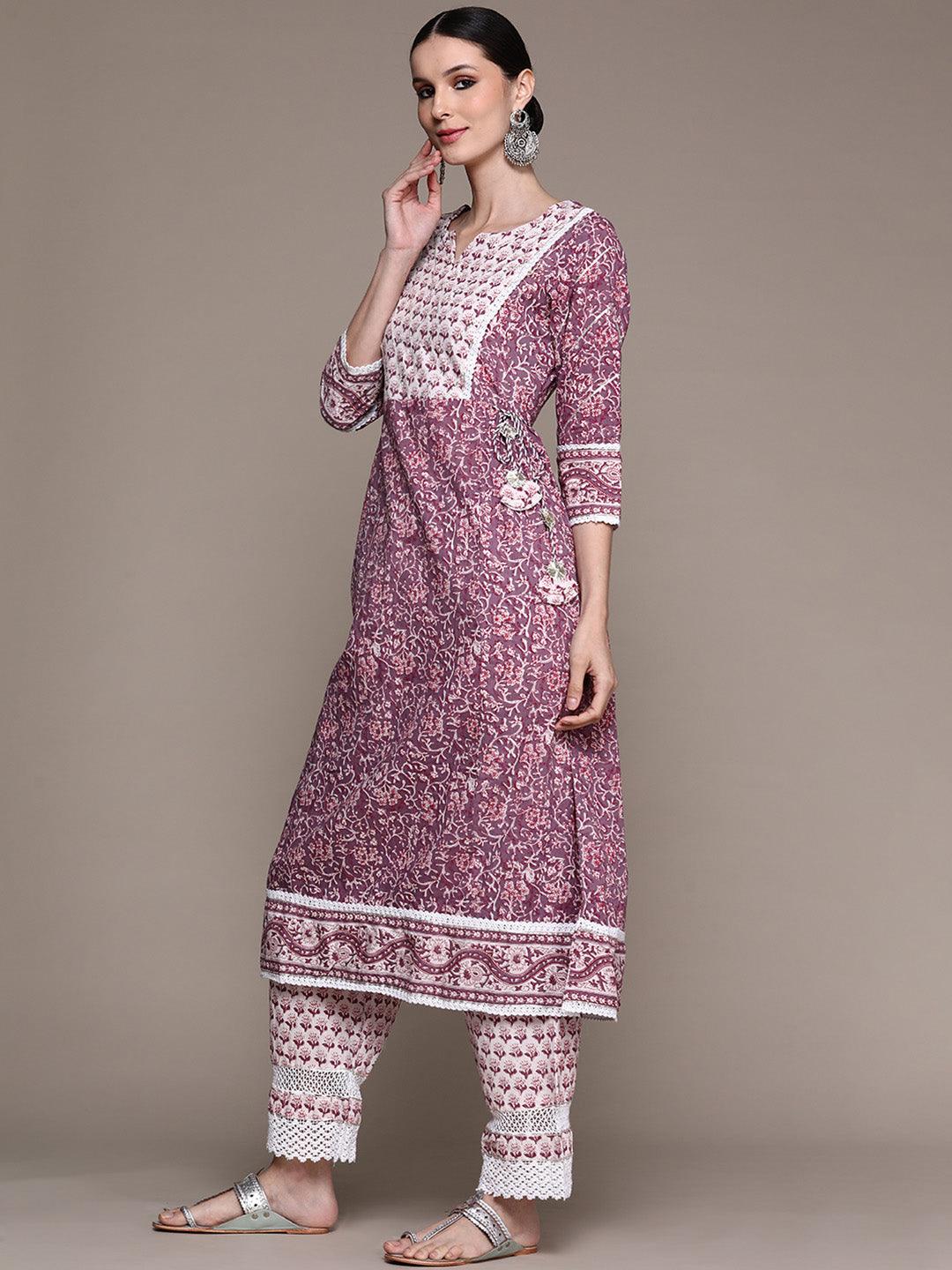 Women's Purple Embellished Anarkali Kurta With Trouser & Dupatta - Ishin - Indiakreations