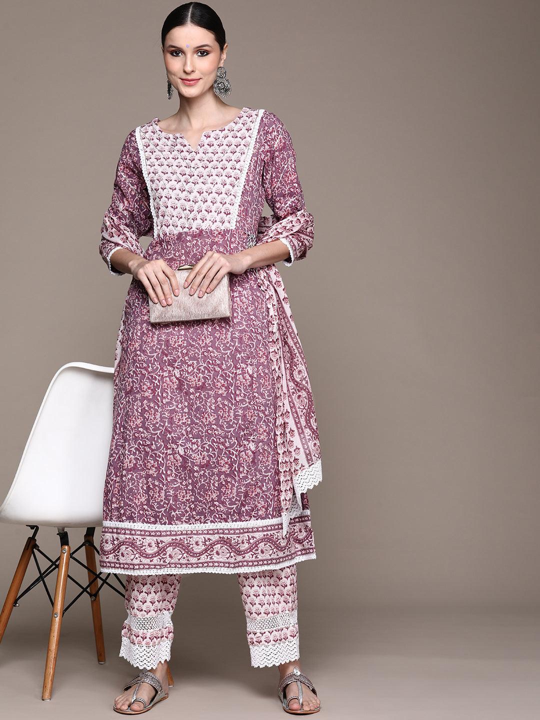 Women's Purple Embellished Anarkali Kurta With Trouser & Dupatta - Ishin - Indiakreations