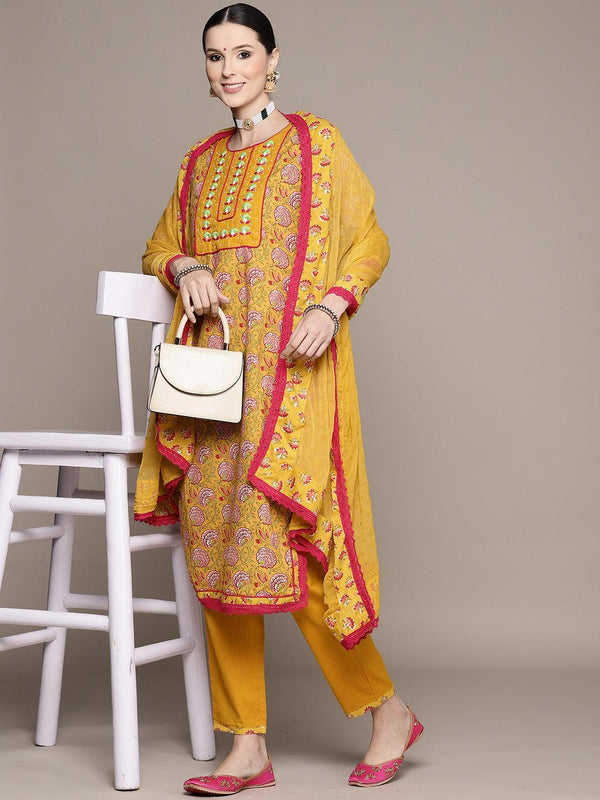 Women's Mustard Yoke Embroidered Straight Kurta With Trouser & Dupatta - Ishin - Indiakreations