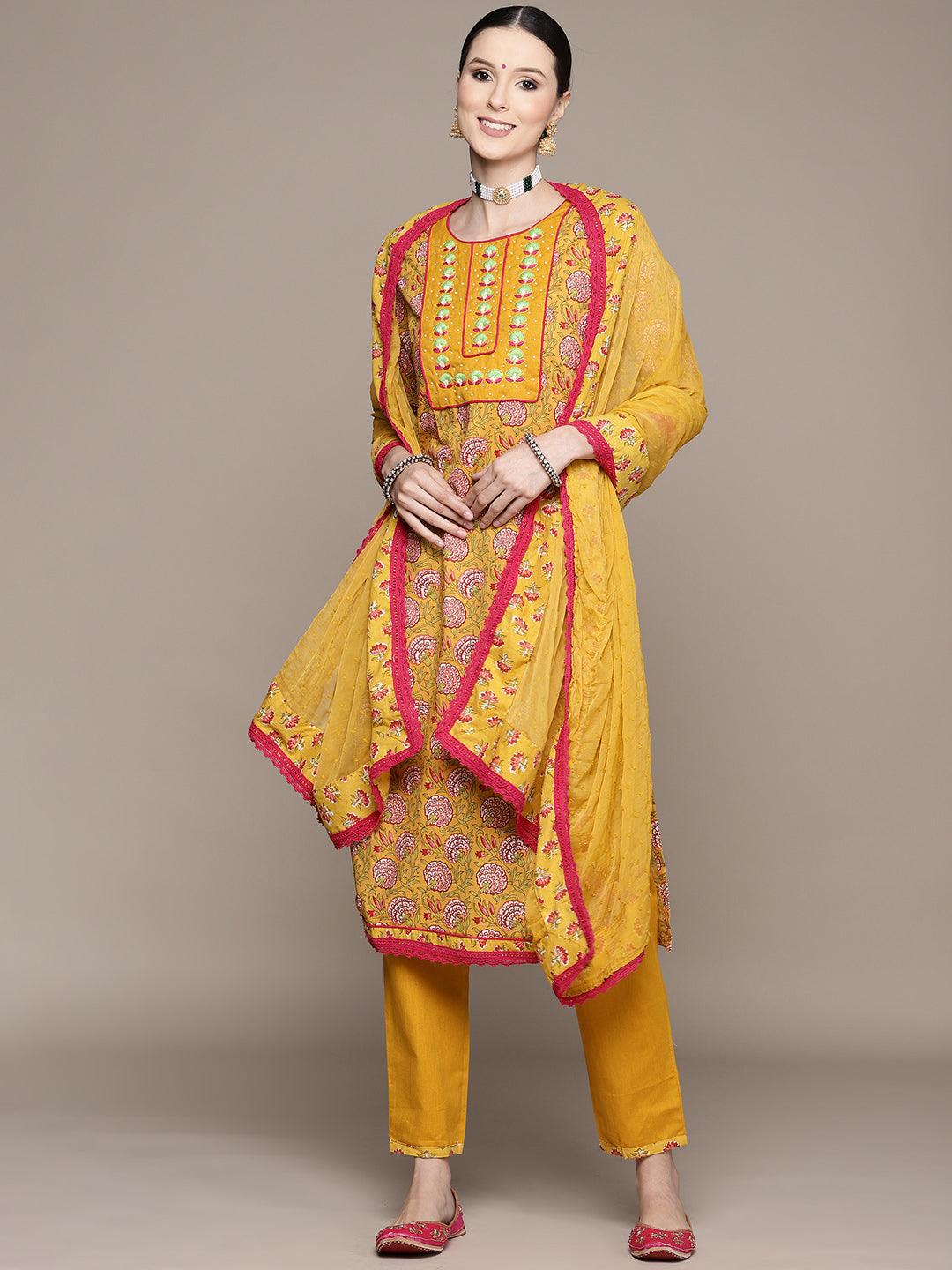 Women's Mustard Yoke Embroidered Straight Kurta With Trouser & Dupatta - Ishin - Indiakreations