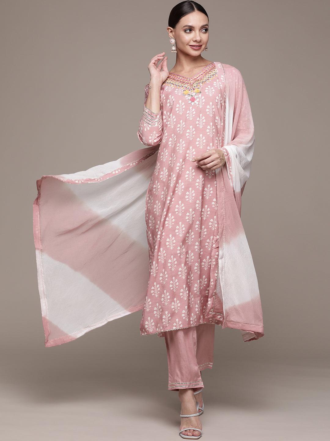 Women's Mauve Embroidered Straight Kurta With Trouser & Dupatta - Ishin - Indiakreations