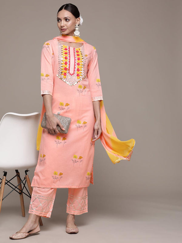 Women's Pink Yoke Embroidered A-Line Kurta With Trouser & Dupatta - Ishin - Indiakreations